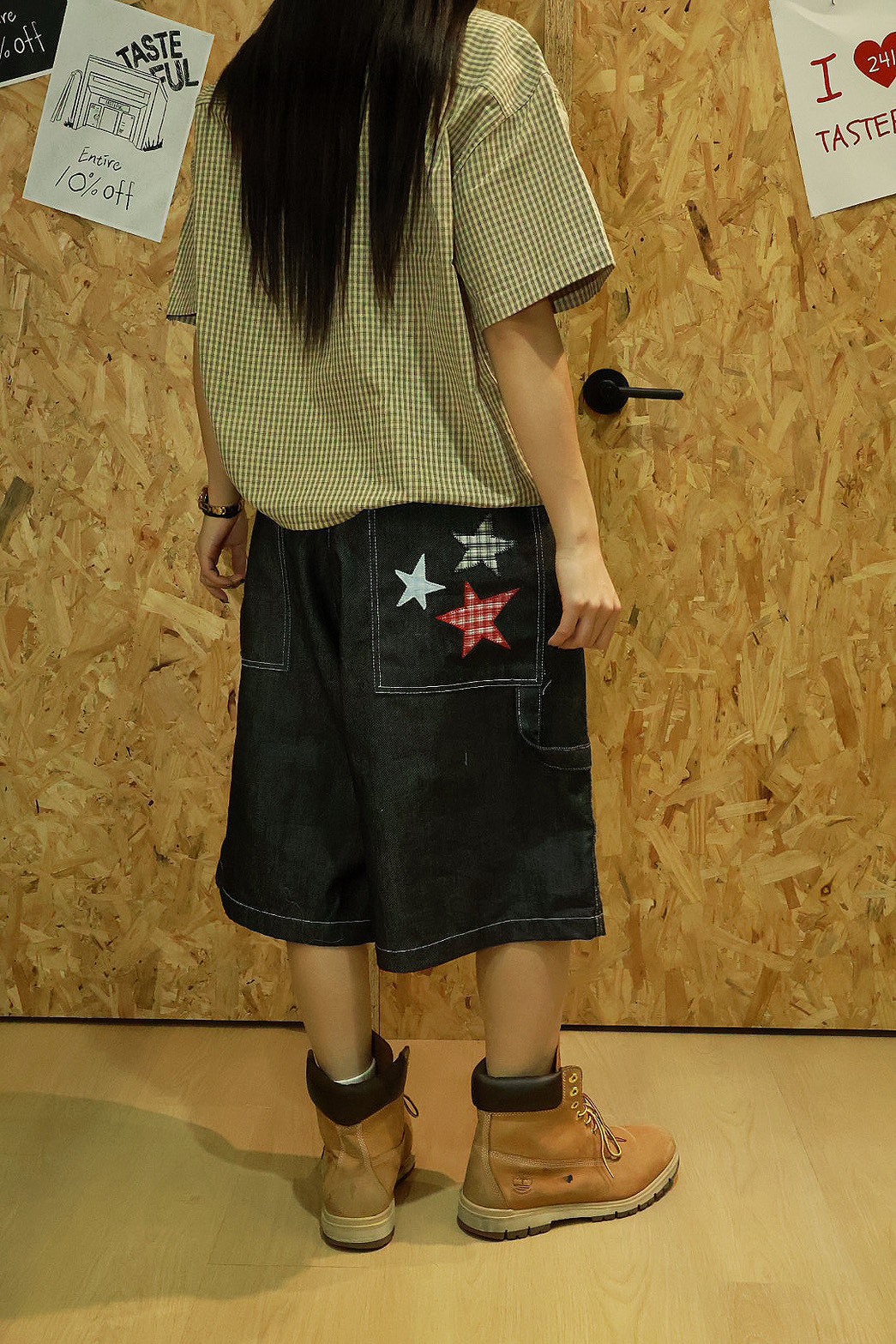 抽繩 鬆緊帶 反車線 星星貼布 牛仔 #短褲