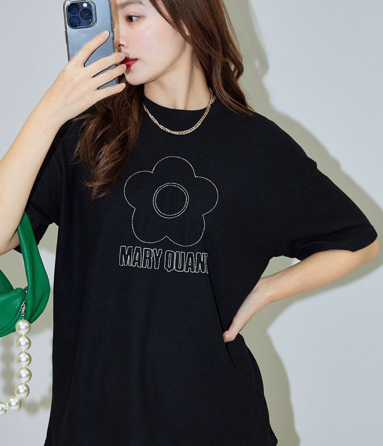 【預購】JN072511 MARY QUANT × PUBLUX 刺繡華夫格短袖上衣(FREE SIZE)