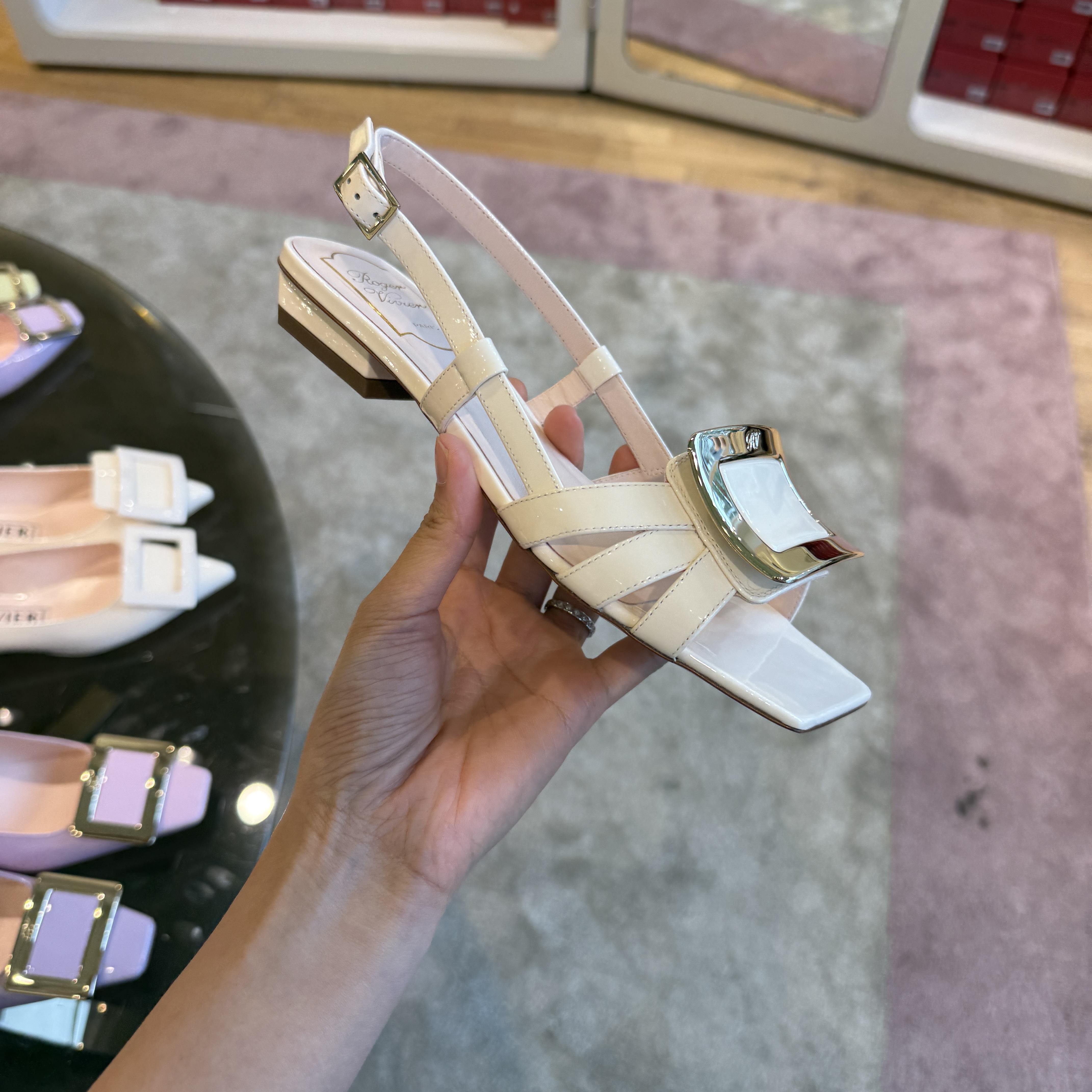 Roger Vivier RV Belle Vivier Metal Buckle Sandals in Leather Cream