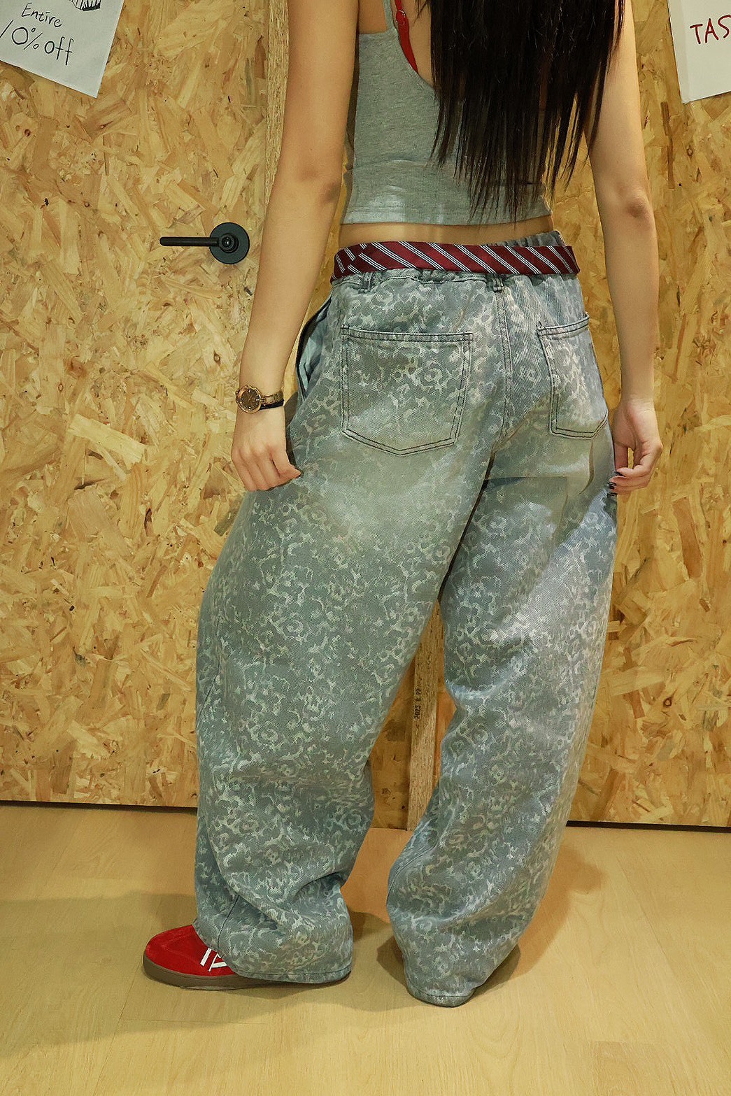 豹紋 刷白 氣球版型 後鬆緊 #牛仔褲