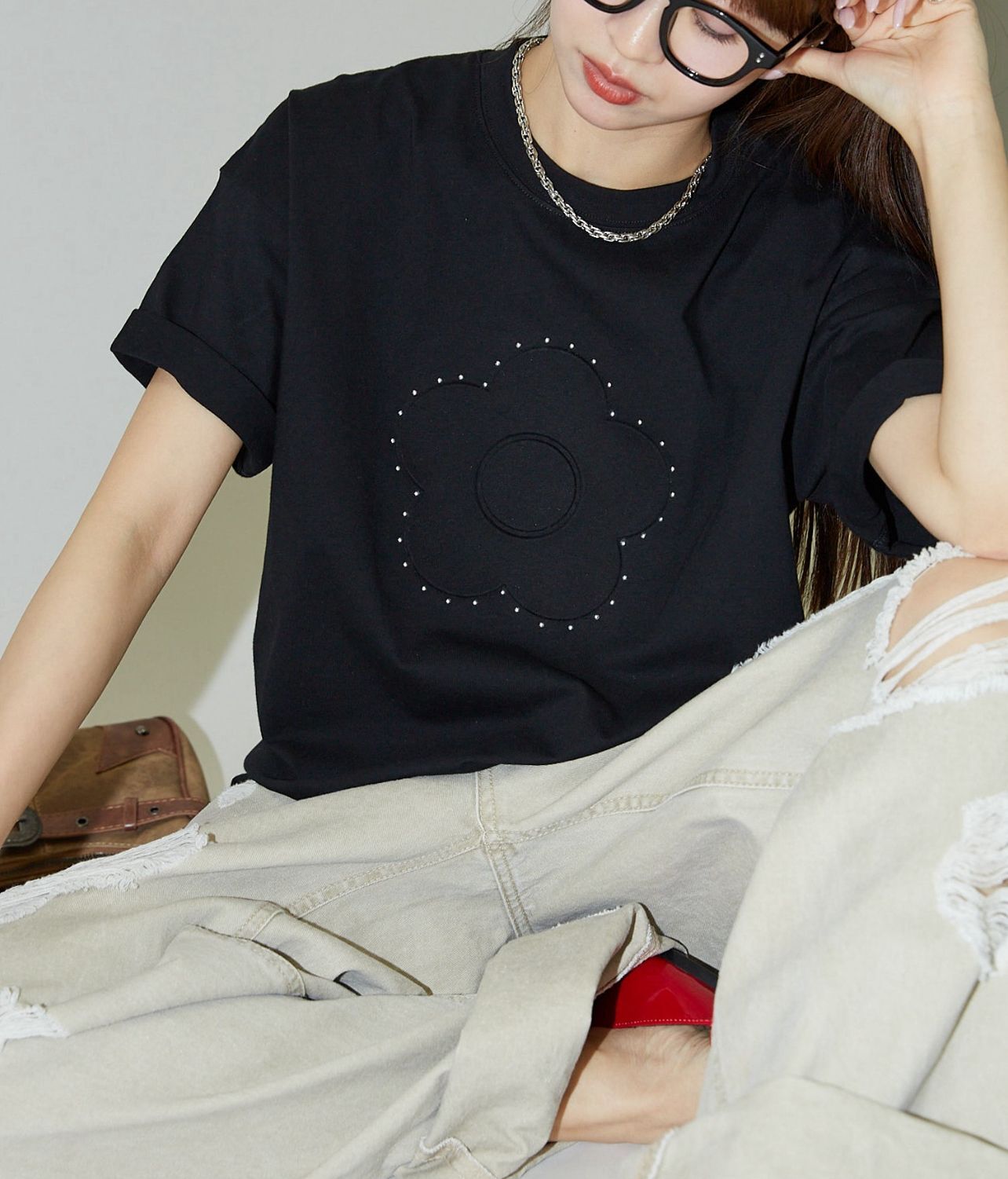 【預購】JN072512 MARY QUANT × PUBLUX 鉚釘壓花短袖上衣(FREE SIZE)