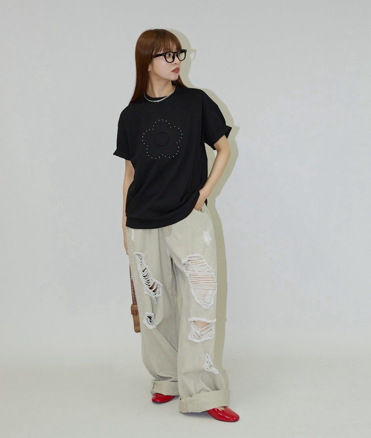 【預購】JN072512 MARY QUANT × PUBLUX 鉚釘壓花短袖上衣(FREE SIZE)