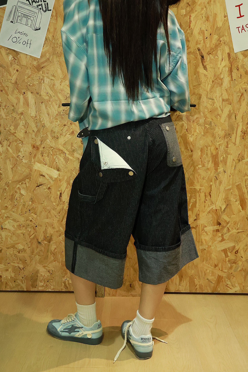 黃縫線 反折 可拆式口袋 牛仔 #短褲