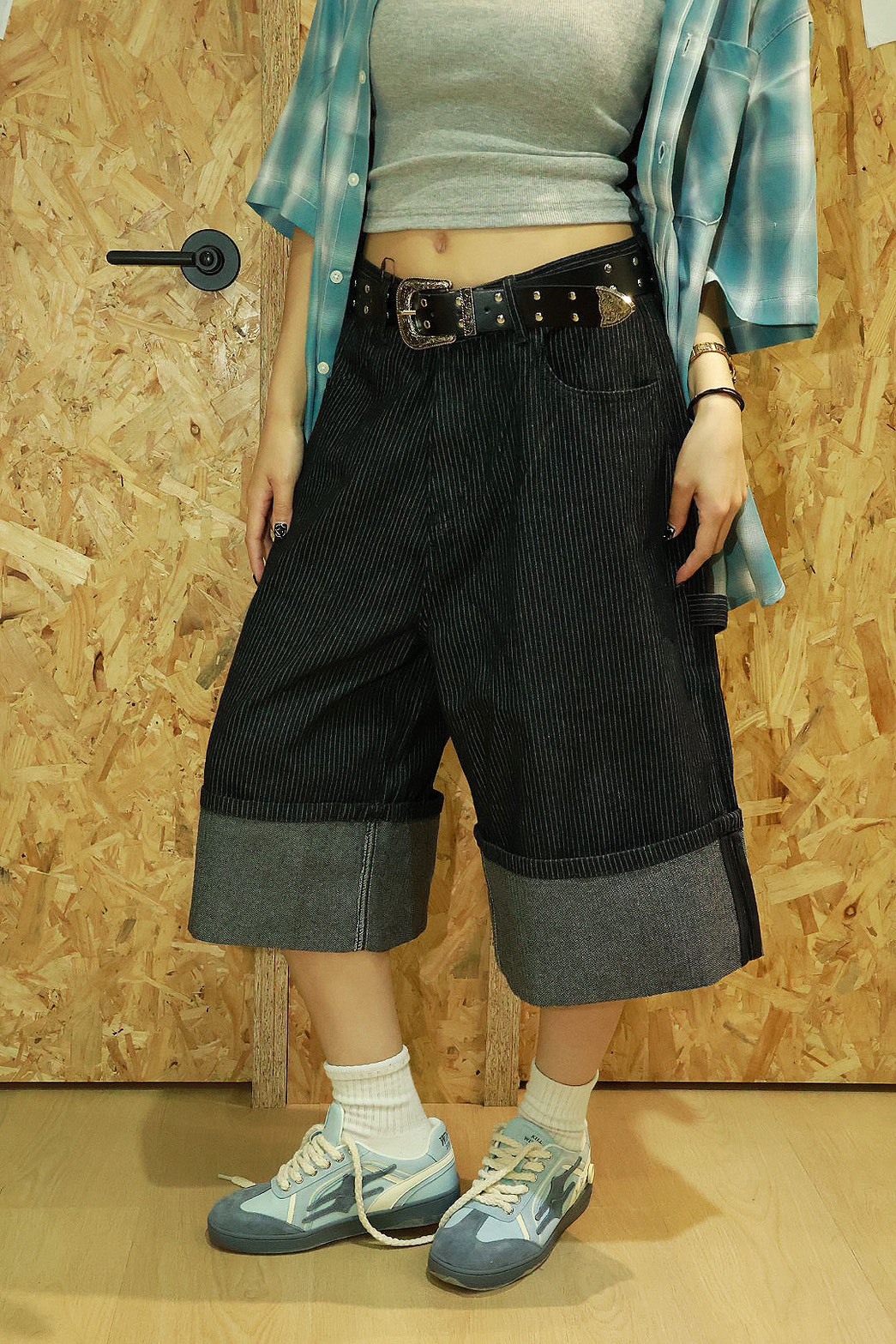 黃縫線 反折 可拆式口袋 牛仔 #短褲