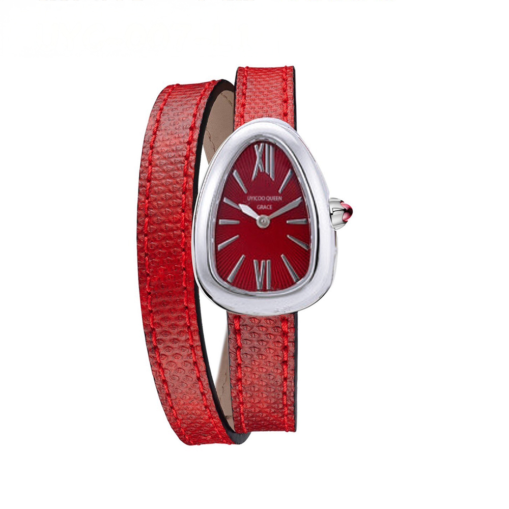 【UYICOO 伊寇】UC022 環繞皮革錶帶 瑪瑙錶冠 羅馬時標 水滴型 女錶 手錶-
