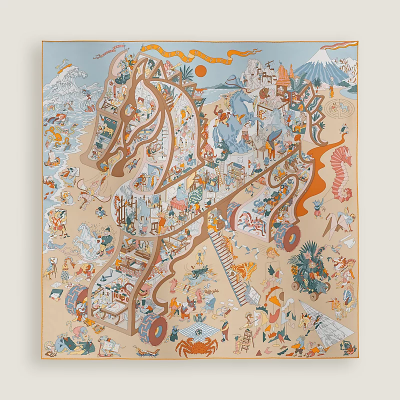 HERMES Academia Hippica scarf 90 bleu glacier / sable / bouton d'or 冰川藍 / 砂礫色 / 毛莨花黃