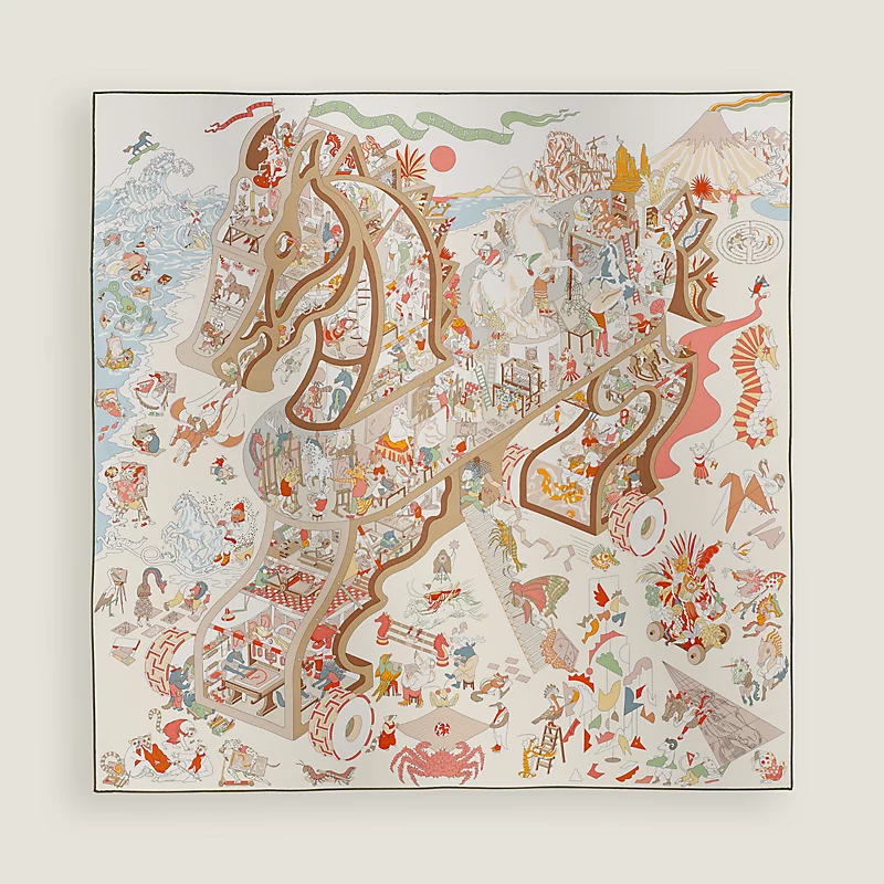 HERMES Academia Hippica scarf 90 blanc / rose poudre / beige 白色 / 玫瑰色 粉杏色 / 米色