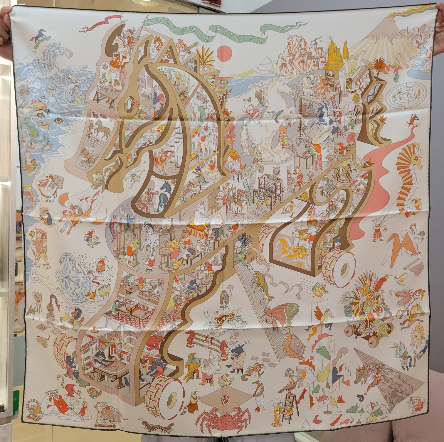 HERMES Academia Hippica scarf 90 blanc / rose poudre / beige 白色 / 玫瑰色 粉杏色 / 米色