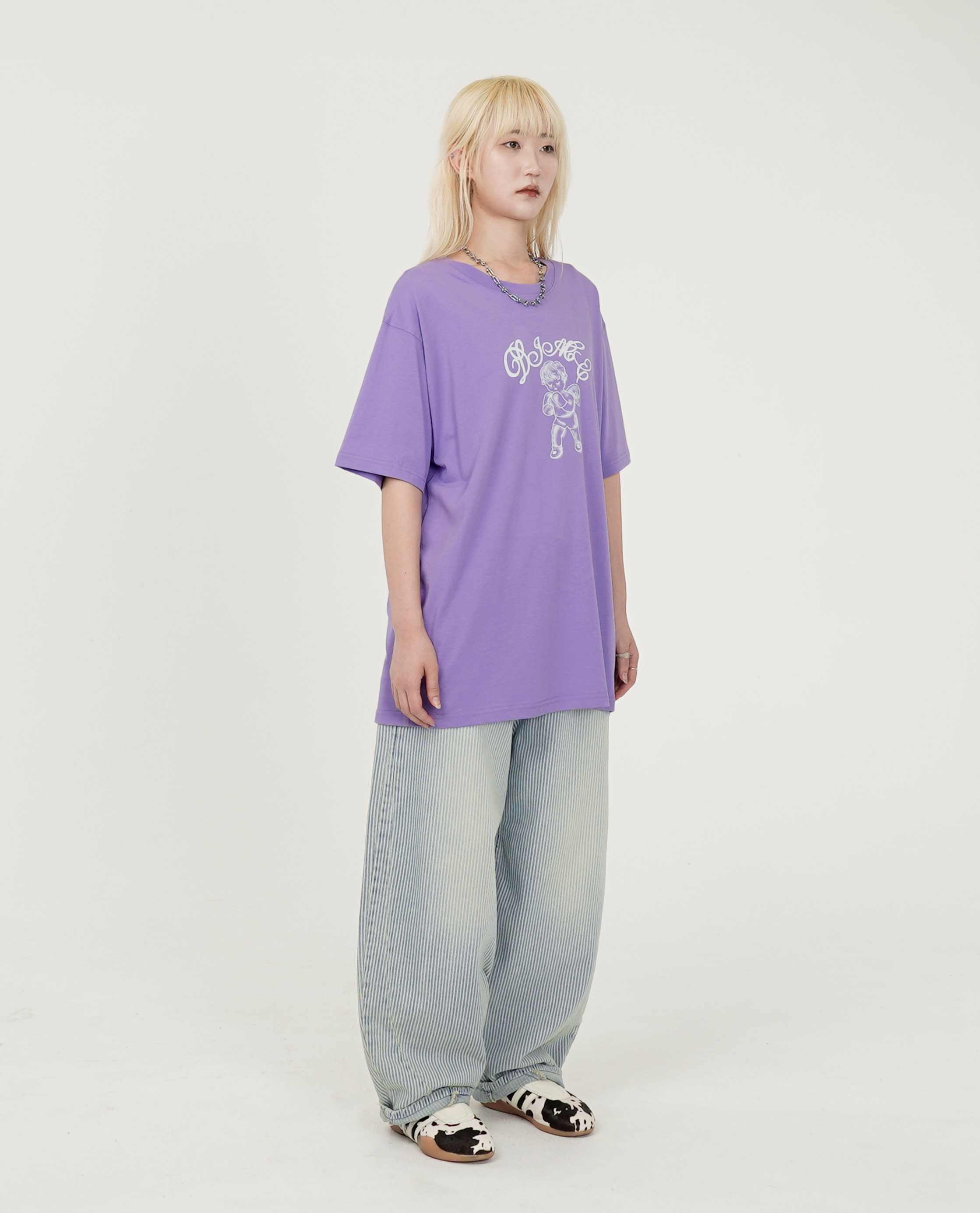 淺藍細條紋前弧型車線Baggy丹寧