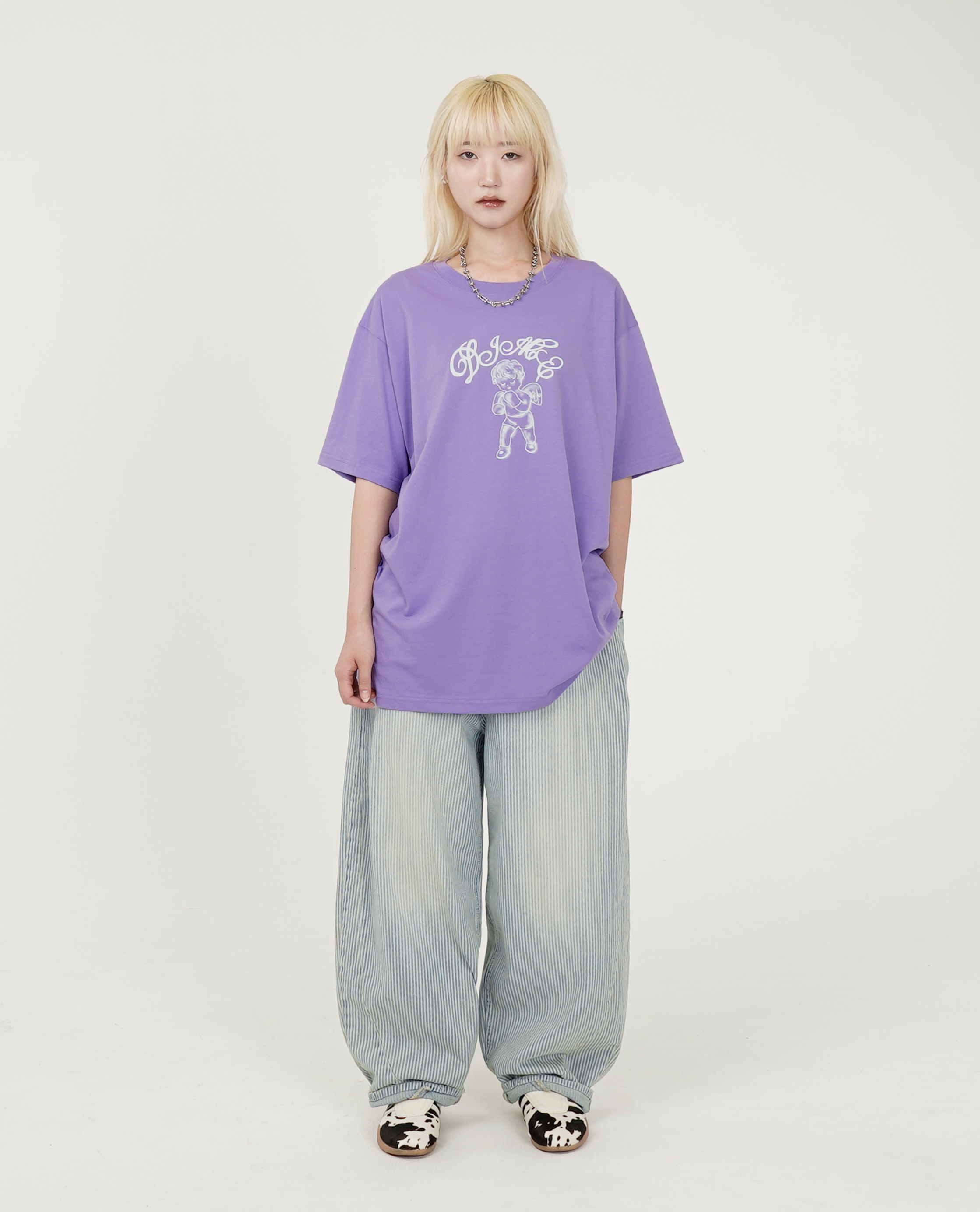 淺藍細條紋前弧型車線Baggy丹寧