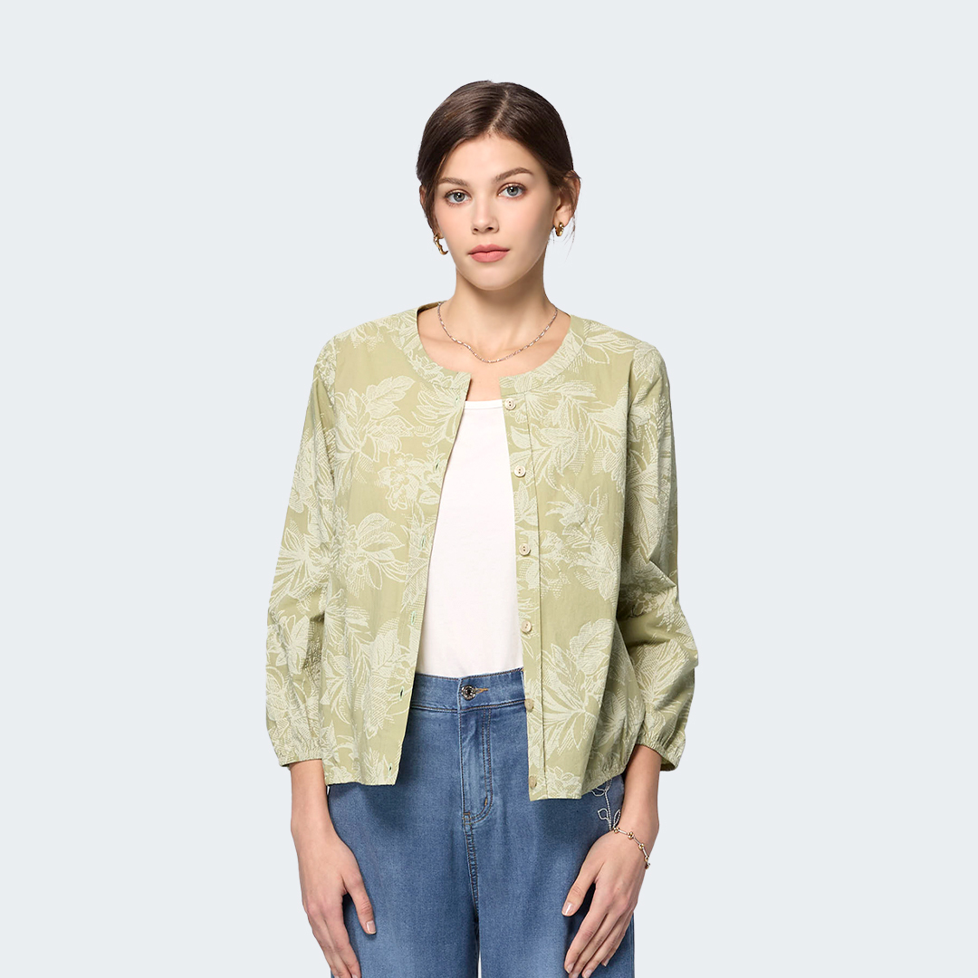 日式森紋葉影純棉長袖罩衫