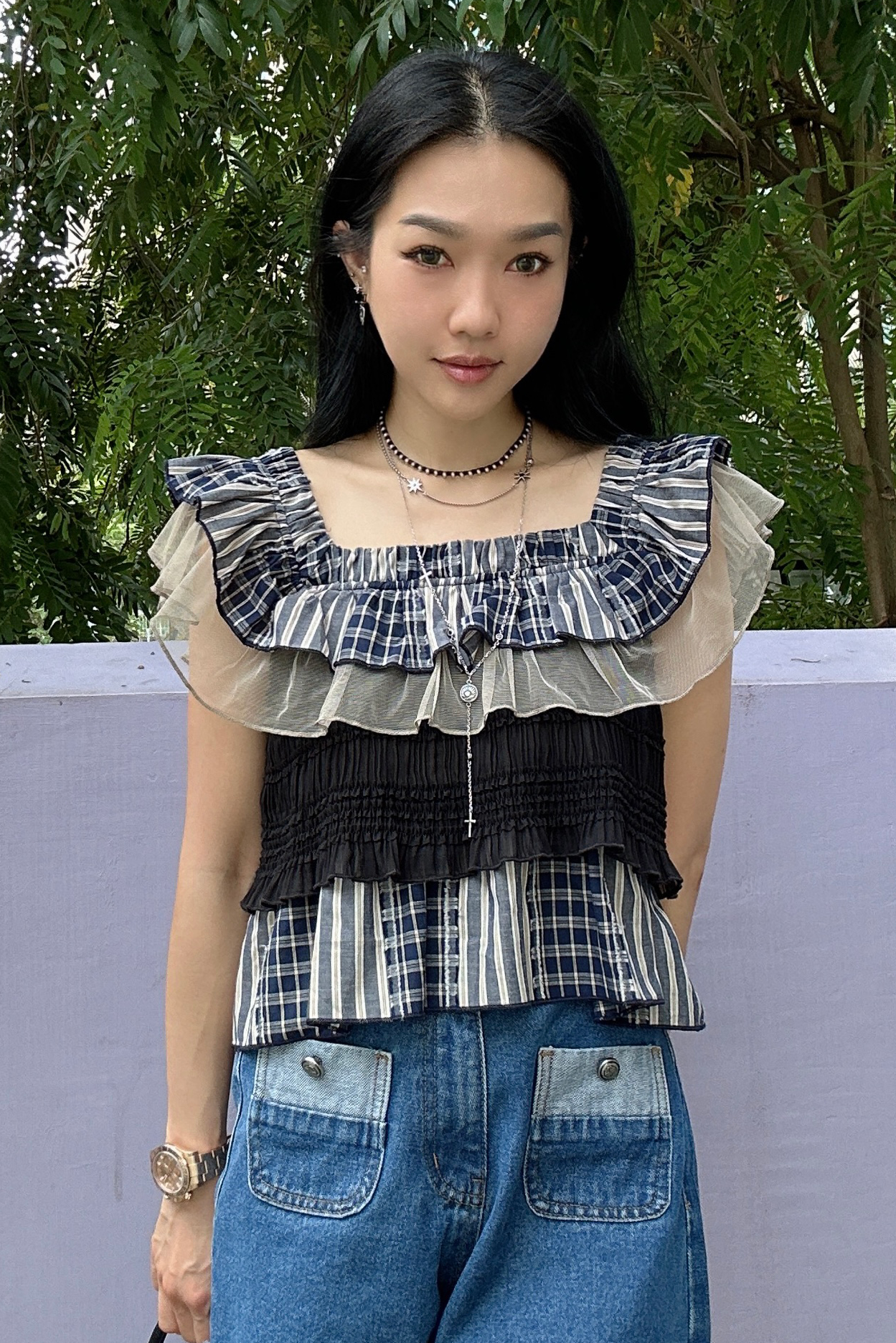 格仔網紗縐褶娃娃上衣 (預購產品）