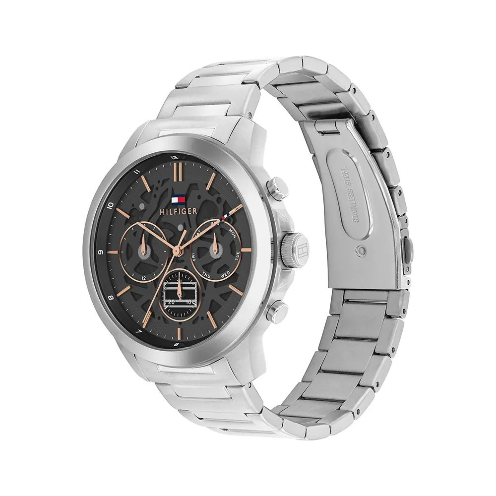 萬年鐘錶 - Tommy Hilfiger  銀鋼透灰面鏤空不鏽鋼男錶  1710683  錶徑43MM