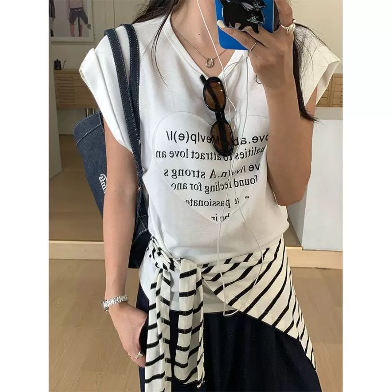 愛心貼布標語反摺TEE(附項鍊)/三色