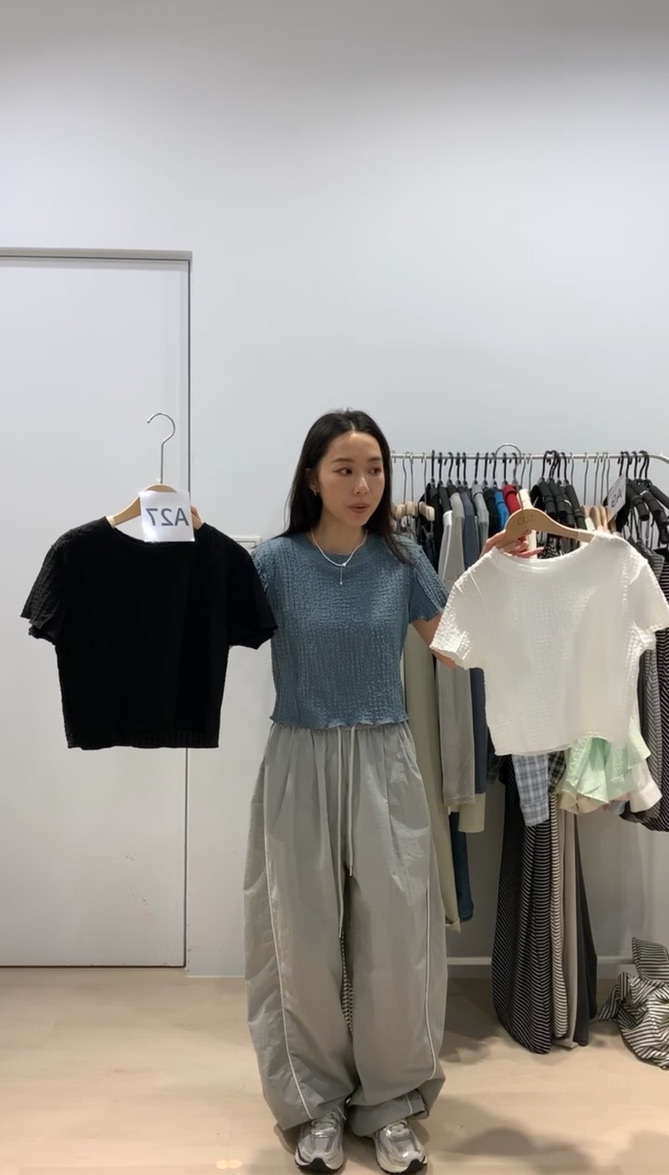 泡泡顆粒彈力圓領上衣 _2177