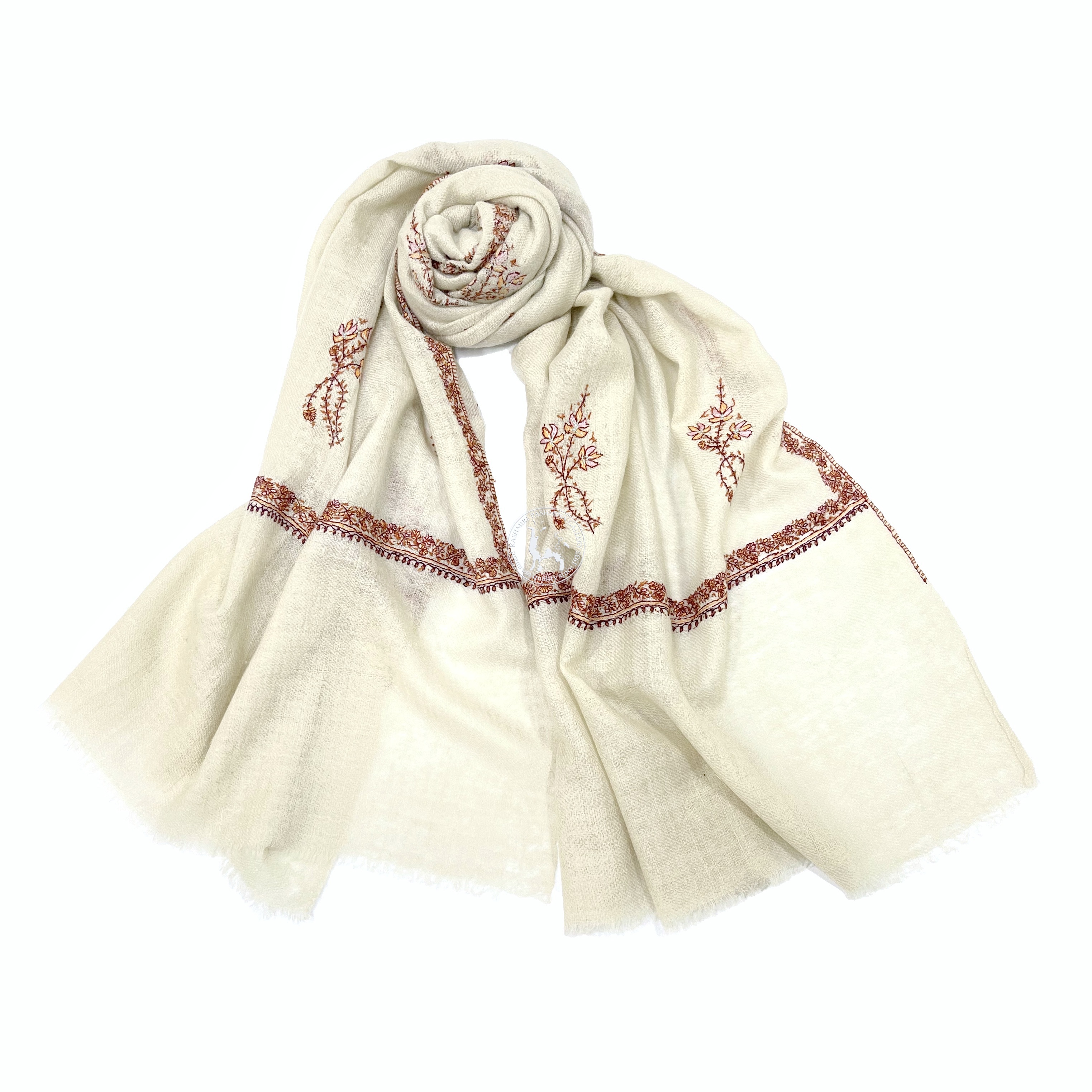 米白原色無漂染刺繡喀什米爾羊絨Shahmina披肩