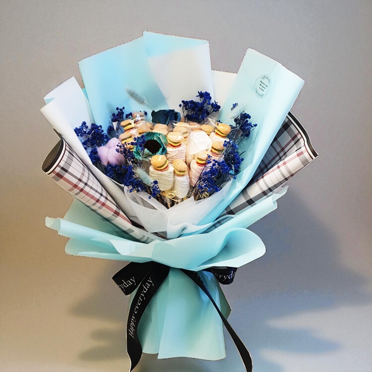 漢堡糖棉花糖乾燥花畢業花束,Burger Fudge Marshmallow Bouquet-blue,Taoyuan florist
