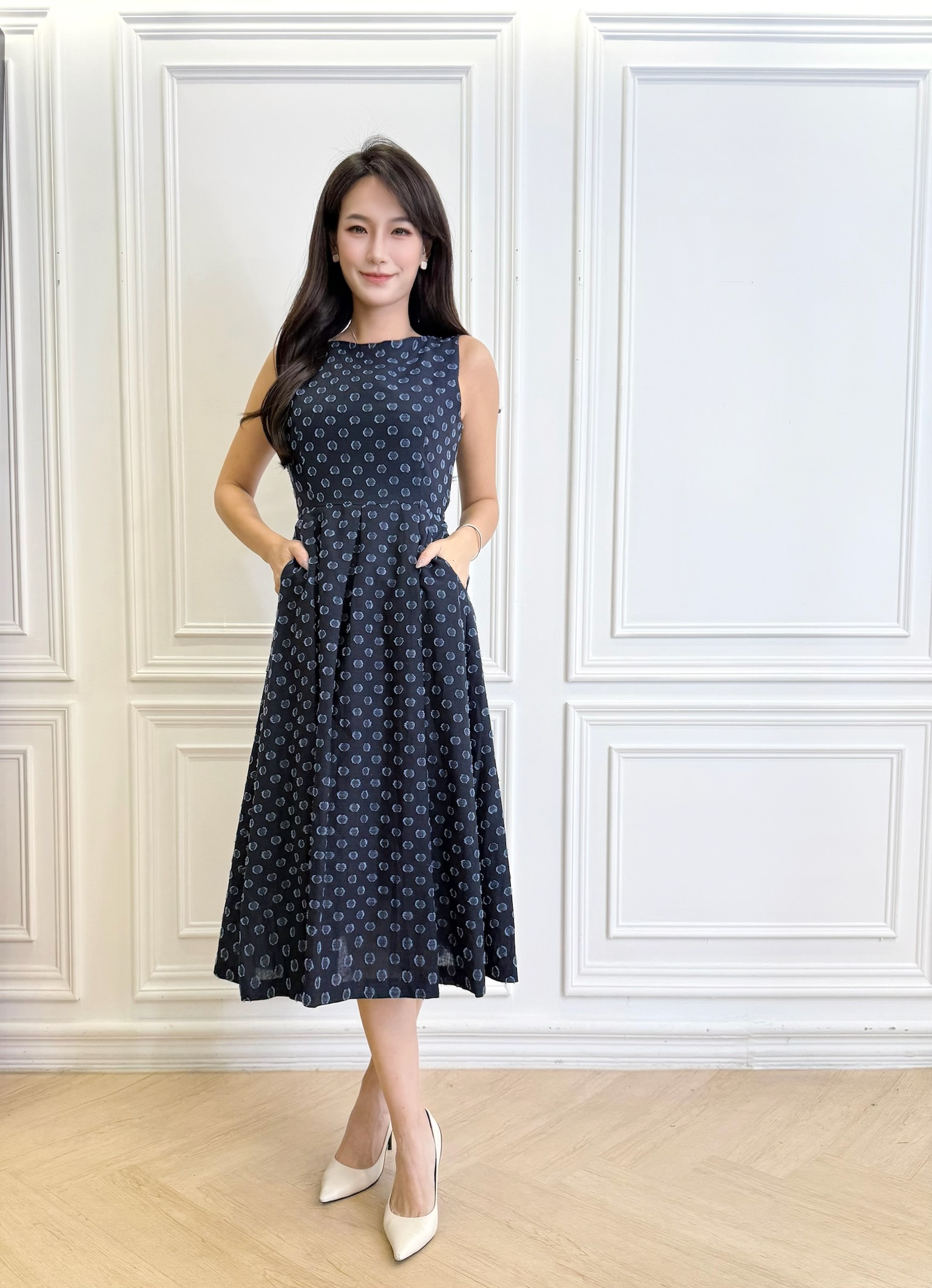 棉麻波紋點口袋洋裝