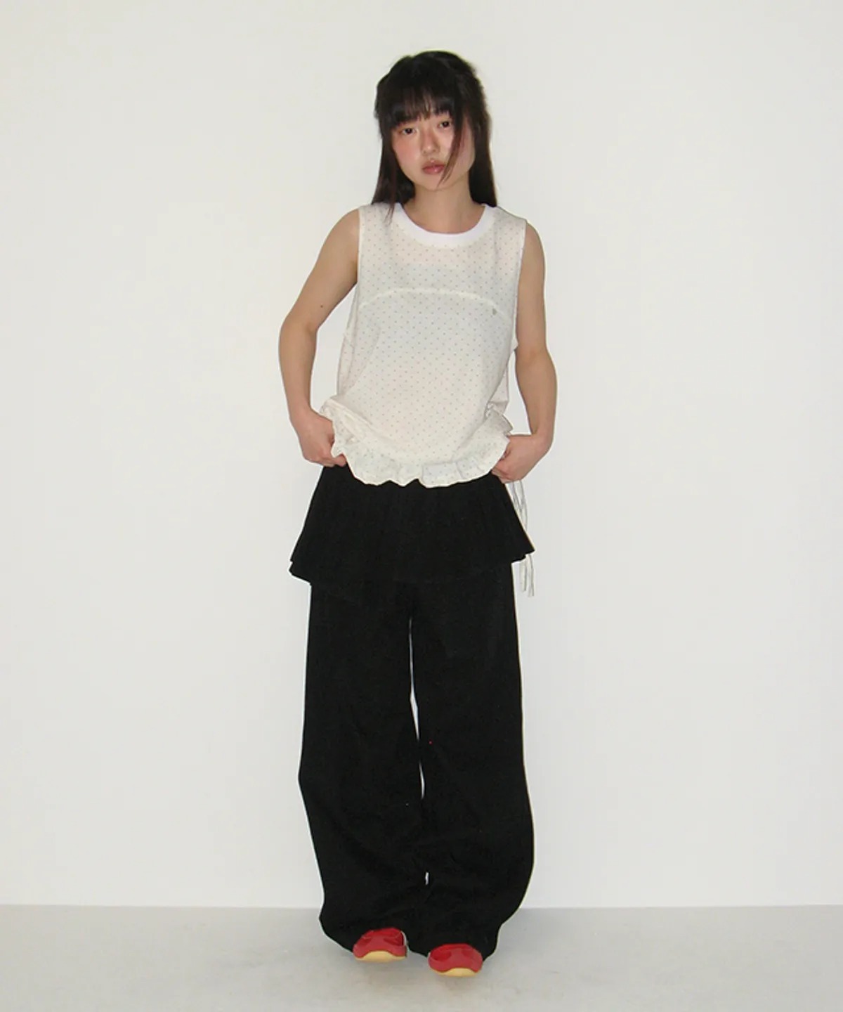 RONRON OFF BALANCE PLEAT LAYERED PANTS