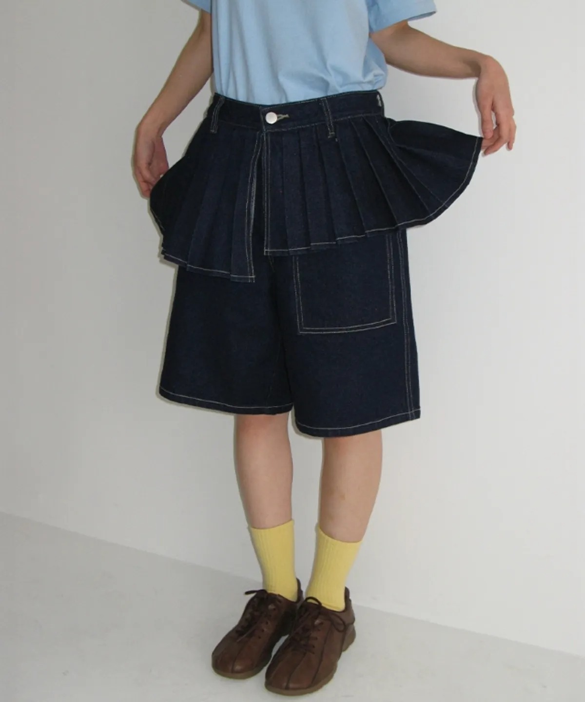 RONRON OFF BALANCE PLEAT LAYERED SHORTS PANTS