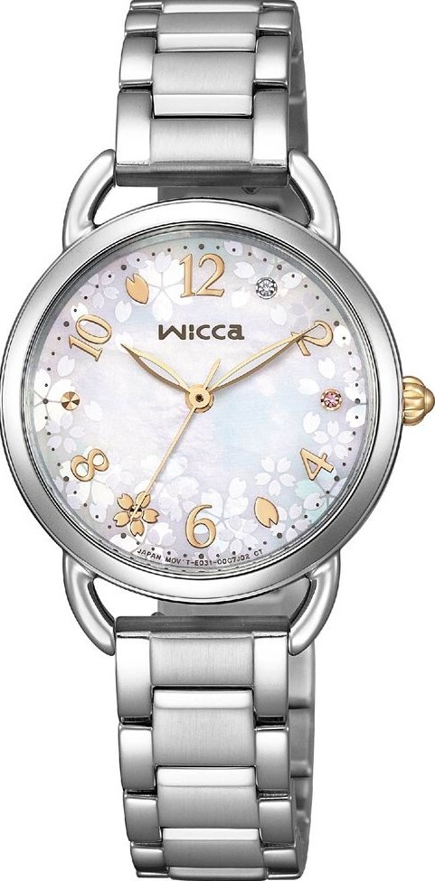 萬年鐘錶 - Citizen - Wicca  貝殼面盤櫻花花瓣光動能女錶(附一條皮革錶帶) KP6-014-21 錶徑28MM