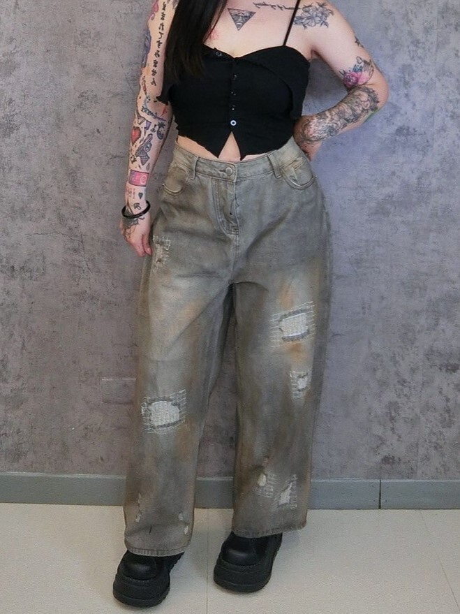 復古做舊髒髒破洞牛仔褲