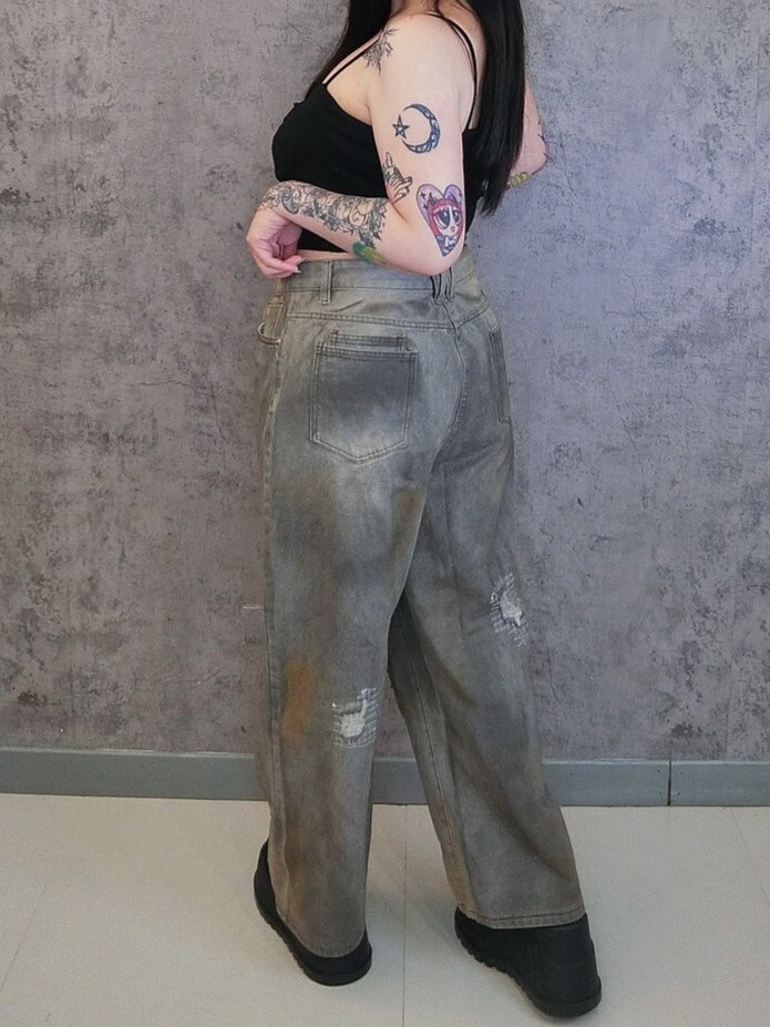 復古做舊髒髒破洞牛仔褲