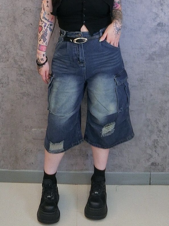 美式大口袋工裝風七分寬褲