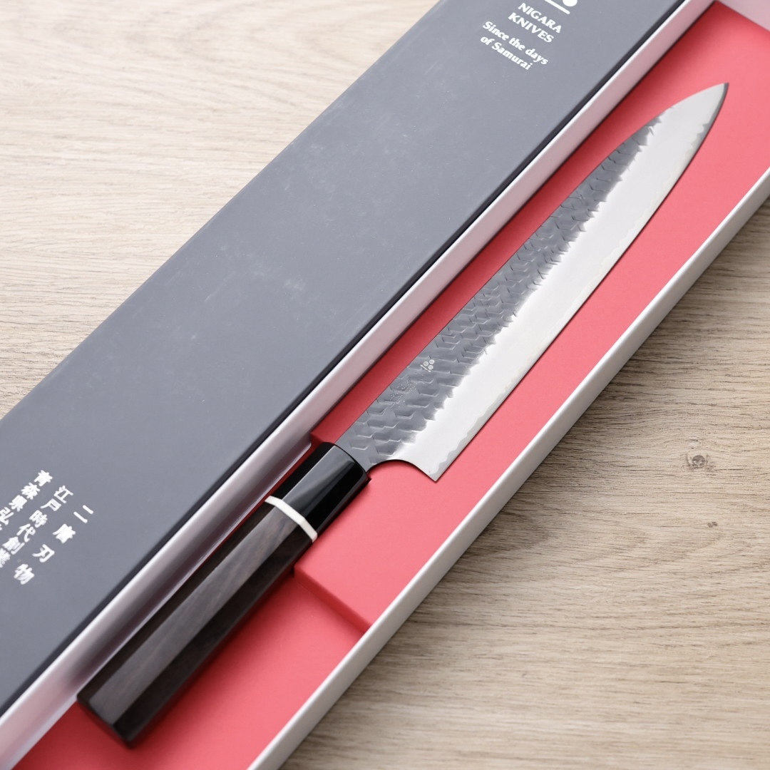 二唐刃物 筋引 240mm SG2 黑打鎚目