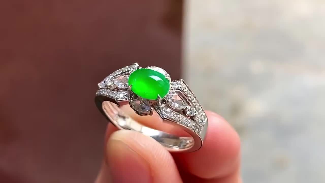 翡翠滿色蛋面戒指,天然翡翠A玉, 緬甸玉, Jade, Jadeite
