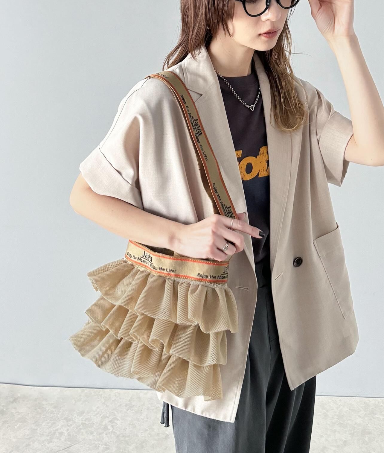 【預購】JN072604  Java 荷葉邊抽繩單肩包