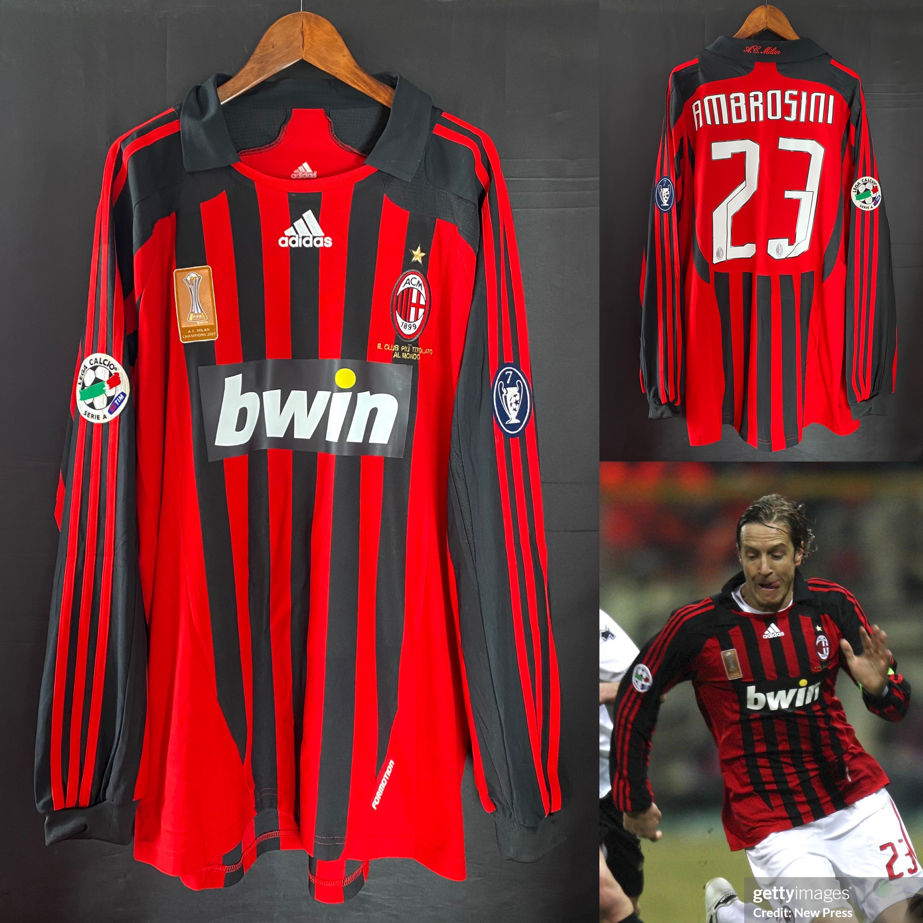 (Match Issue) AC Milan 2007-2008 Adidas L/S Home Match Worn Issue Shirt #23 AMBROSINI