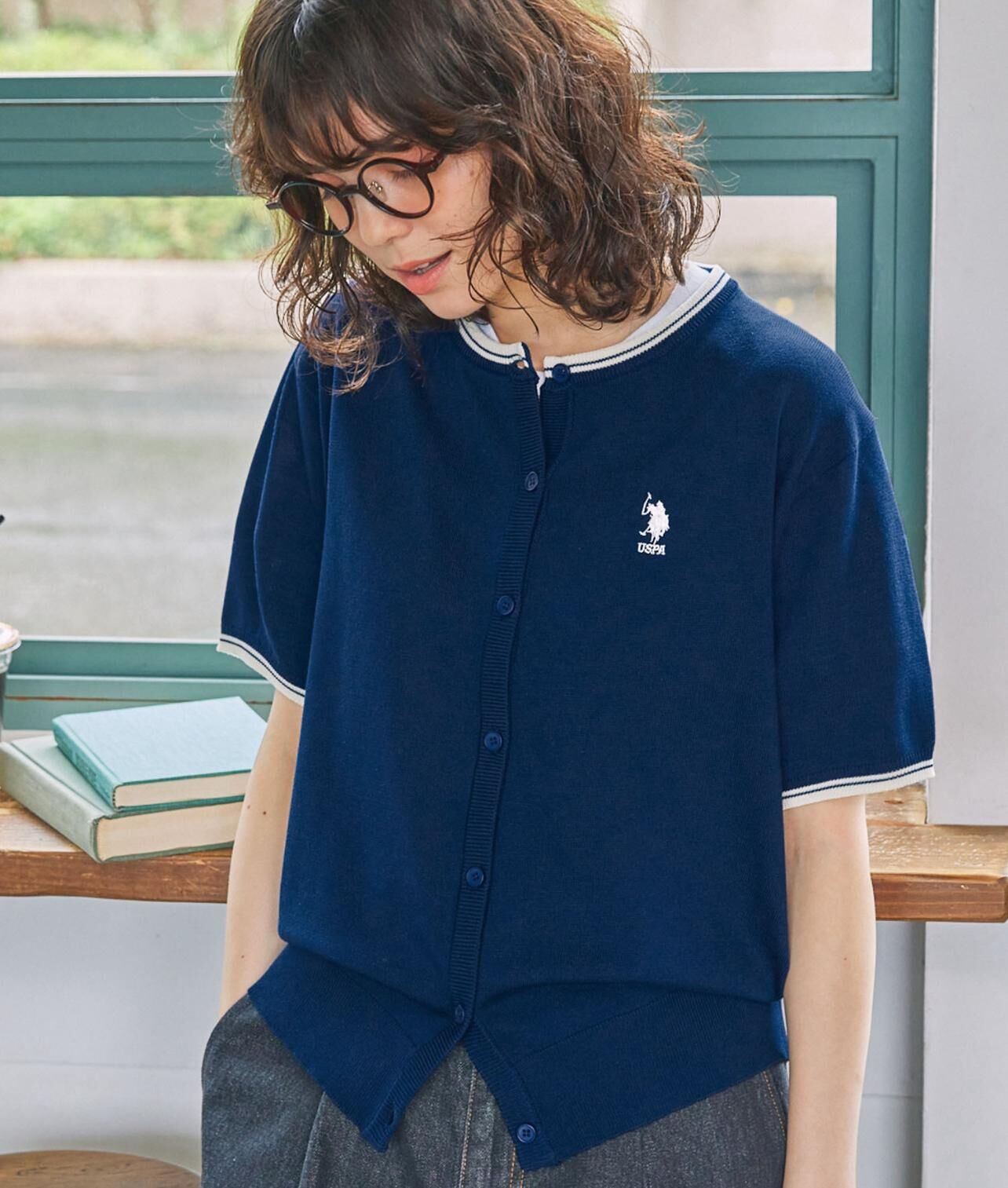 【預購】JN072610 U.S. POLO ASSN. 刺繡撞色短袖針織外套(FREE SIZE)