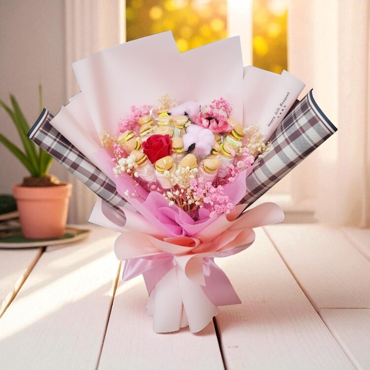 漢堡糖棉花糖乾燥花花束,桃園花店,幸福禮物婚禮小物,Burger Fudge Marshmallow Bouquet-blue,Taoyuan florist