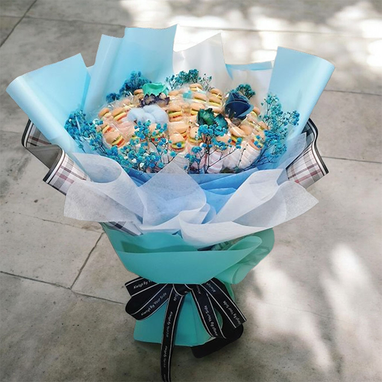 藍色50朵漢堡糖棉花糖乾燥花束