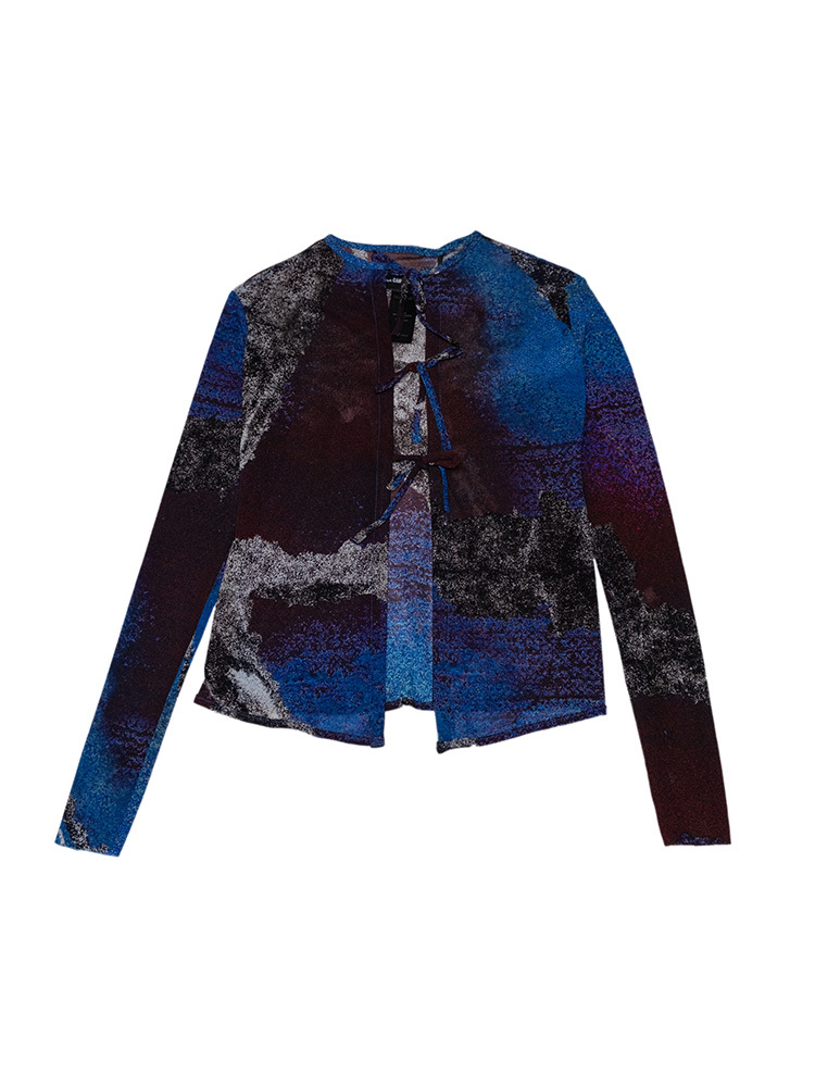 Ribbon Cardigan Blue-Burgundy