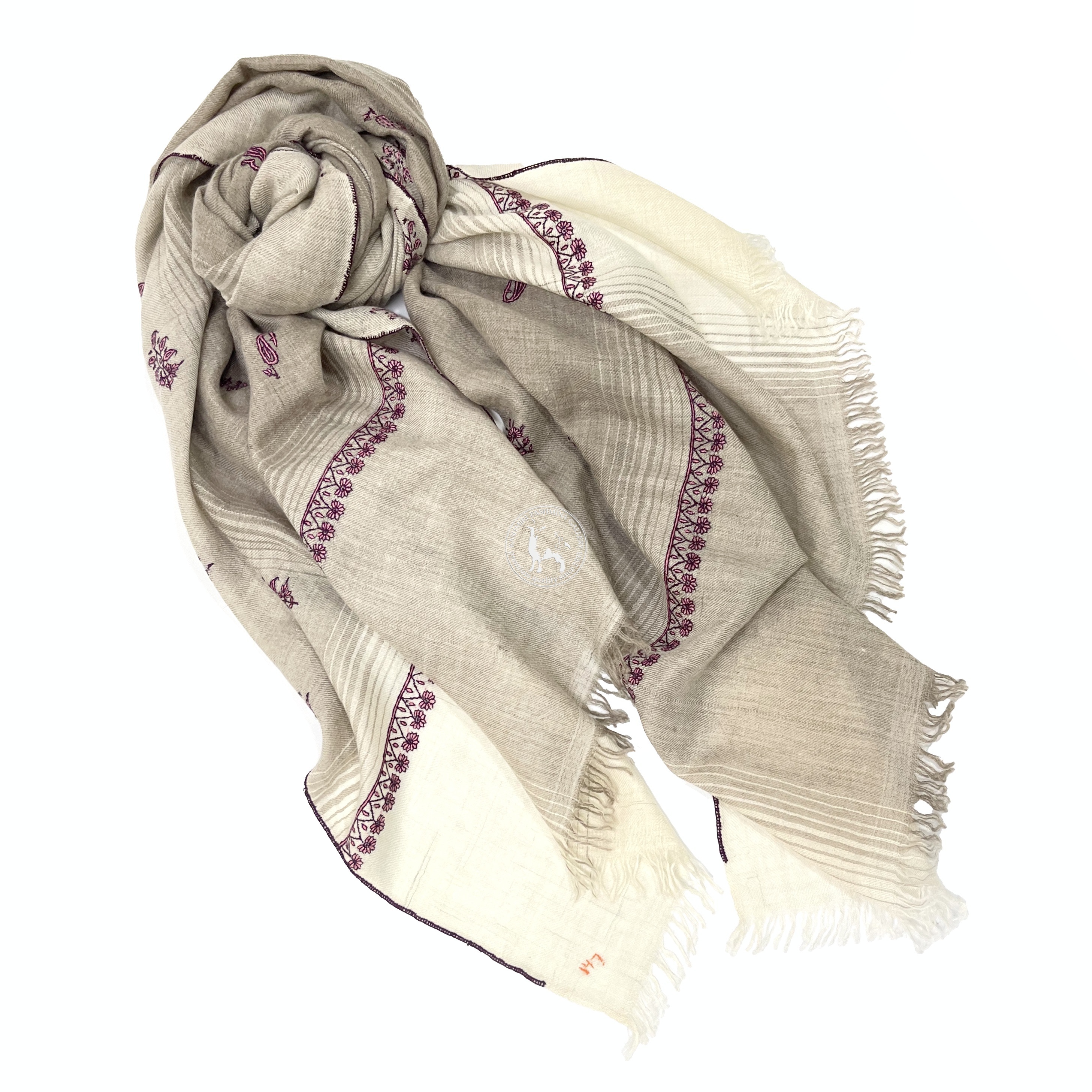 米白駝色卡尼手織圖案的索茲尼刺繡羊絨圍巾