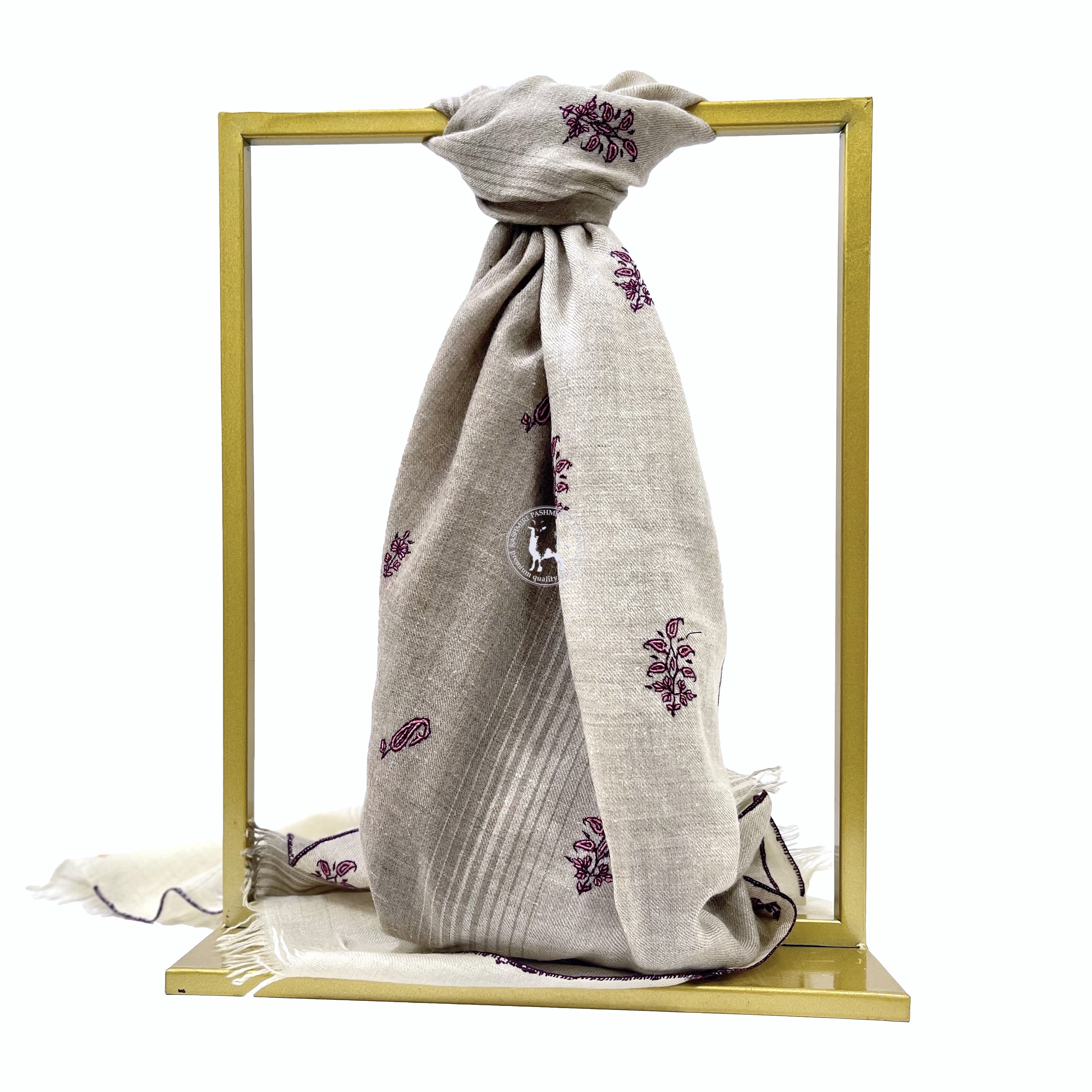 米白駝色卡尼手織圖案的索茲尼刺繡羊絨圍巾