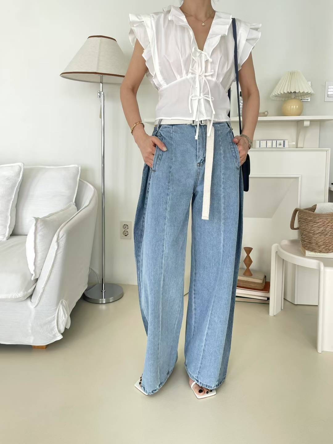 側折拚色牛仔長褲