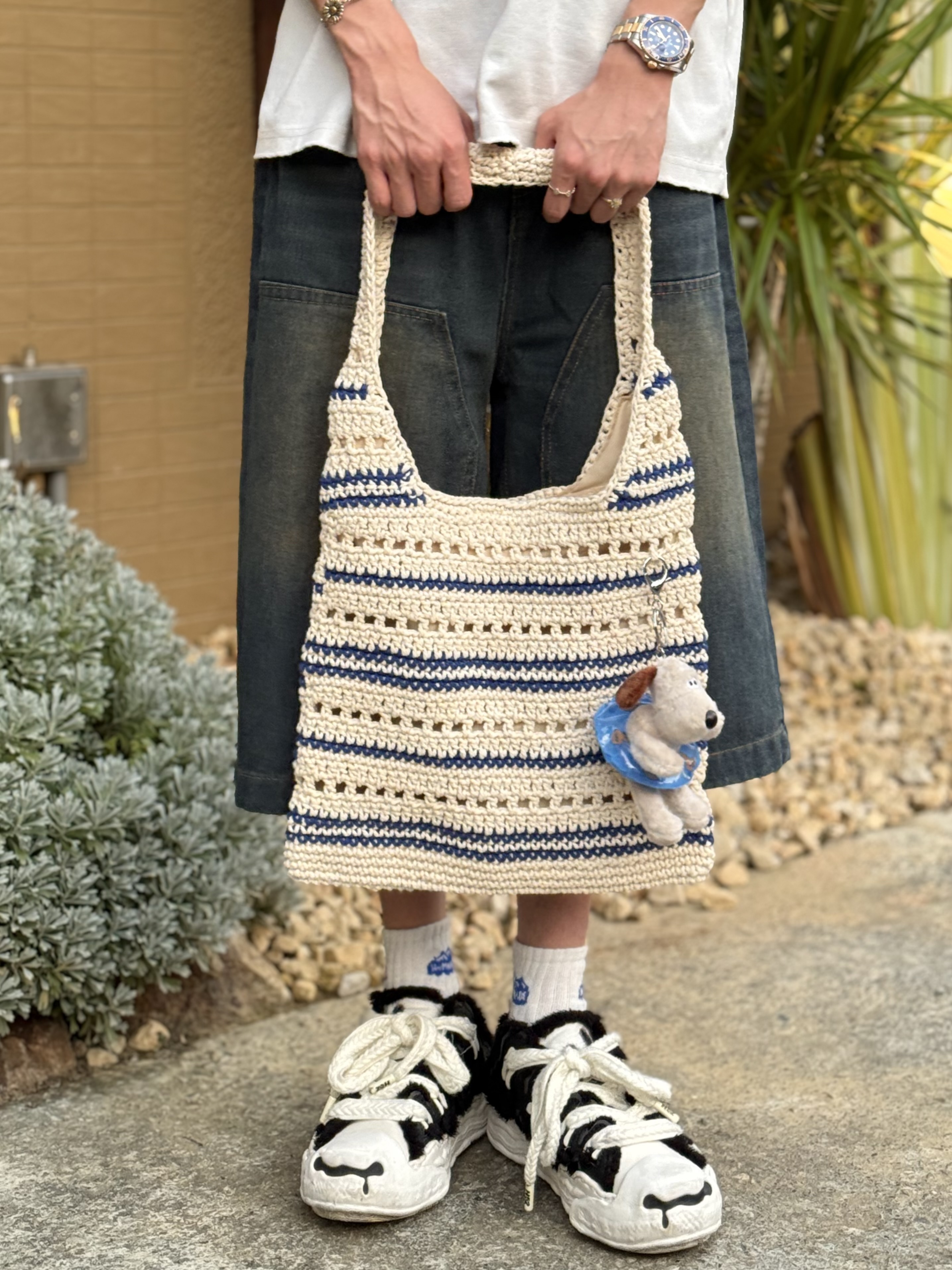 正韓來台🇰🇷藍色條紋編織托特包「附贈狗狗掛飾」