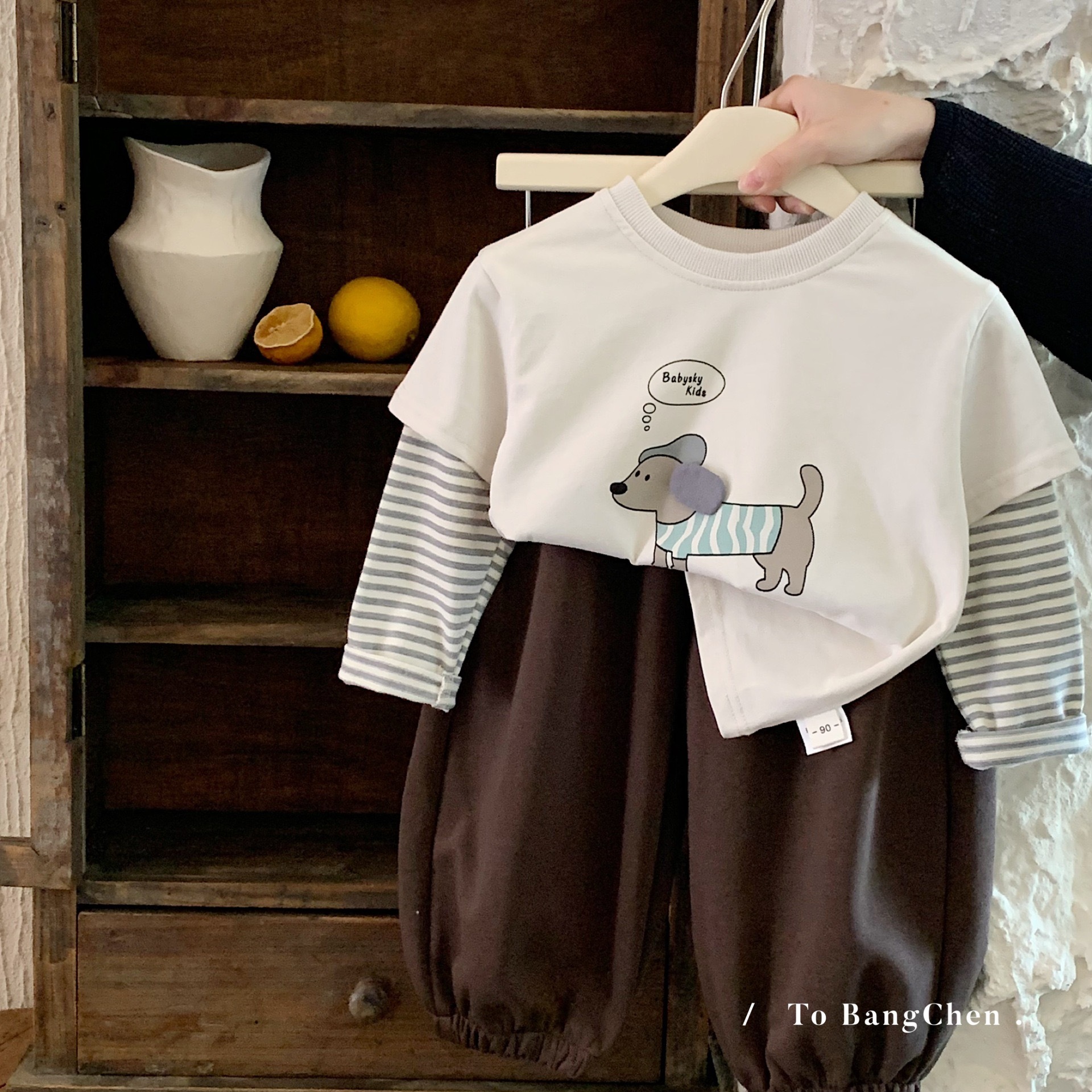 條紋袖假兩件狗狗上衣