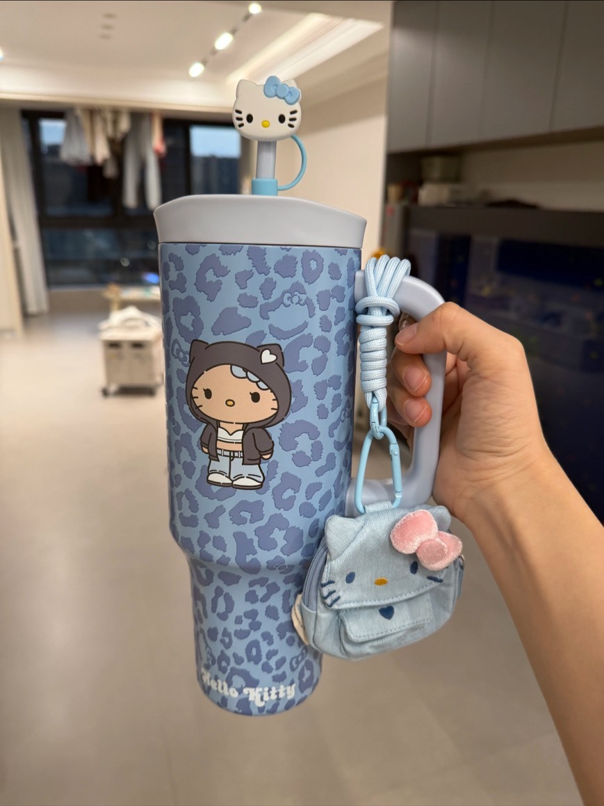 Hello Kitty 不鏽鋼保冷杯-藍色豹紋