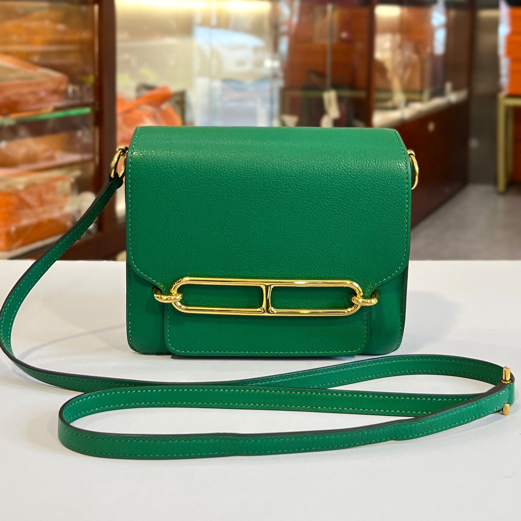 98%NEW二手HERMES MINI ROULIS A刻 絲絨綠EVERCOLOR皮/金扣 U4/VERT VERTIGO GHW #香榭站正品