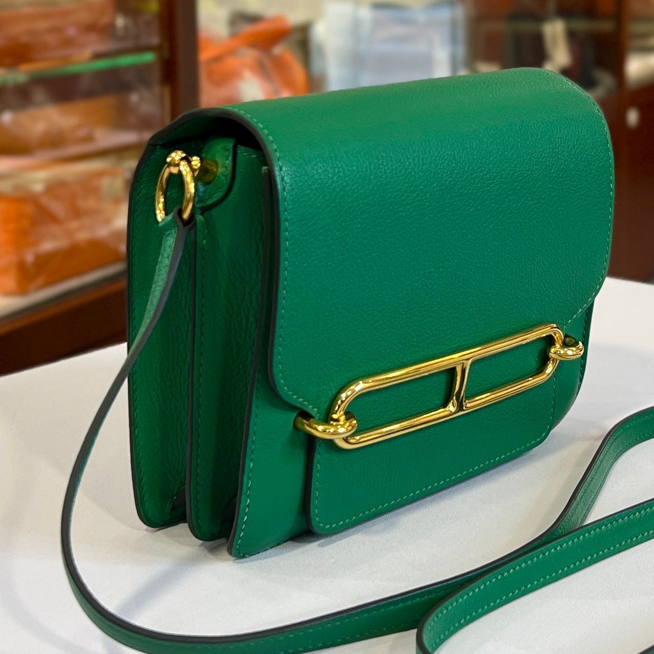 98%NEW二手HERMES MINI ROULIS A刻 絲絨綠EVERCOLOR皮/金扣 U4/VERT VERTIGO GHW #香榭站正品