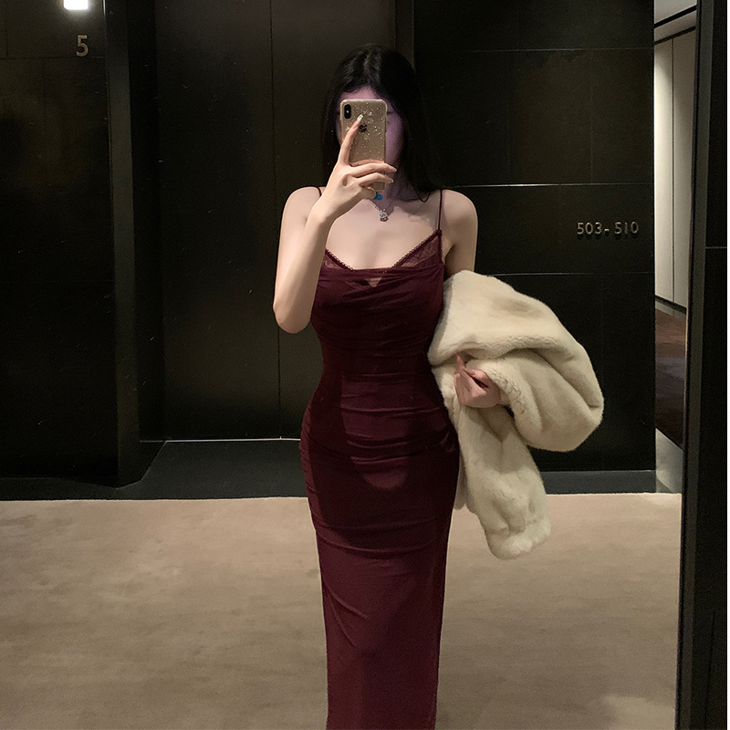 純慾性感 網紗假2件細肩帶洋裝(深紫/黑)