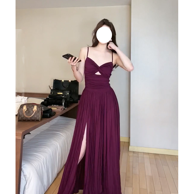 顯瘦收腰 露背開衩長洋裝(紫/黑/孔雀藍)