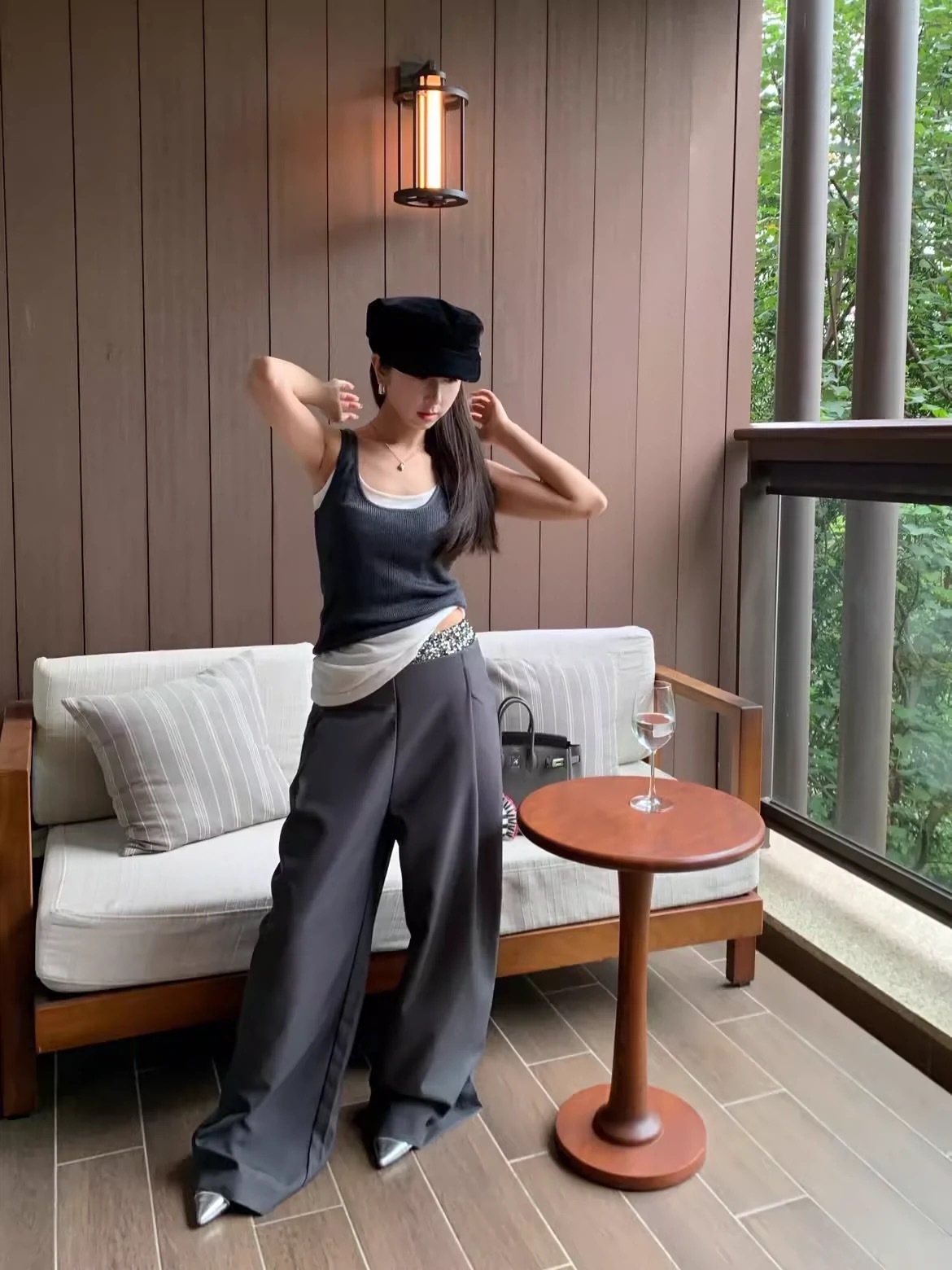 亮片拼接 假2件直筒西裝褲