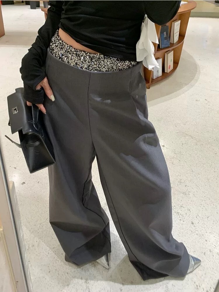 亮片拼接 假2件直筒西裝褲