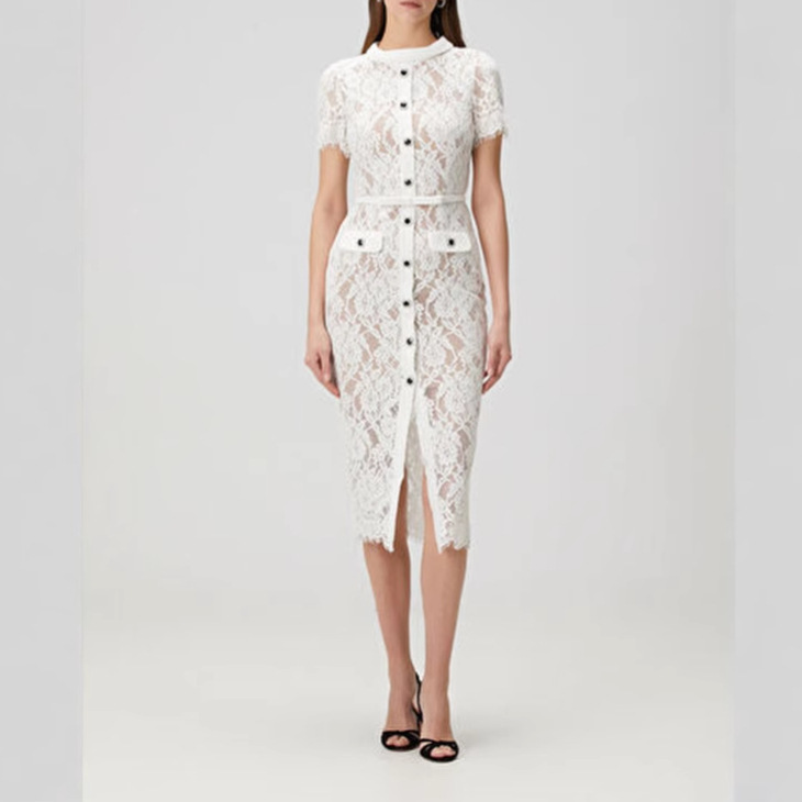 睫毛蕾絲單排釦收腰短袖洋裝(附腰帶)