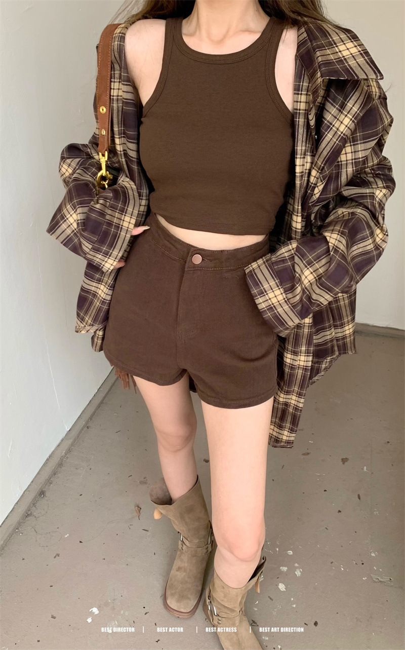 廢土風 寬版格子襯衫+高腰短褲(3件組)